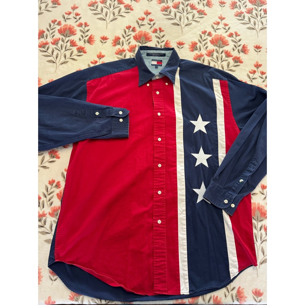 Tommy Hilfiger Mens Large Red Navy Stars Americana Button Down Shirt Long Sleeve